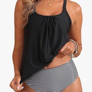Black Stripe Two Piece Tankini Swimsuits for Women Tummy Control 18 PLUS/0035